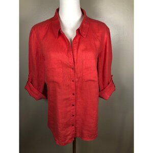 Eileen Fisher Irish Linen & Organic Cotton Roll Tab Sleeve Red Top Size M